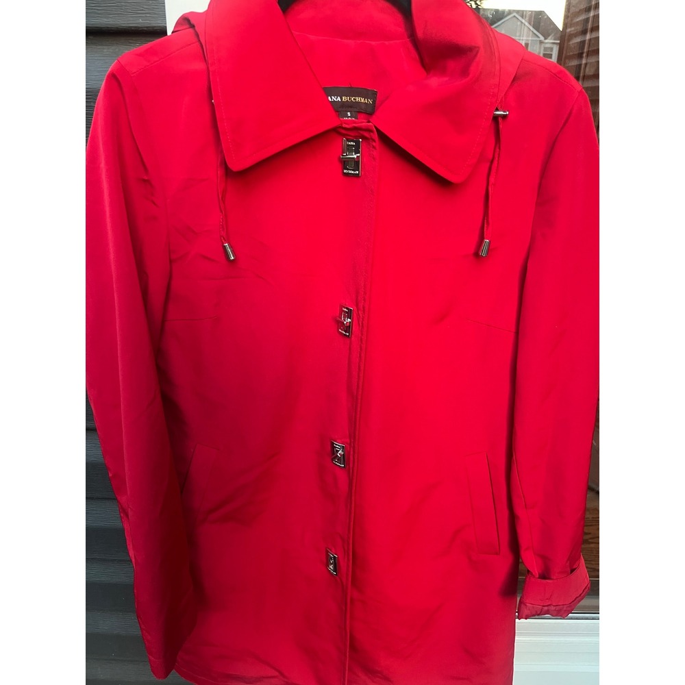 Dana Buchman Red Hooded Trench Coat Silver Turn-Lock Closure Jacket Womens Small